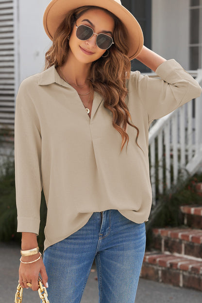 Textured Johnny Collar Three-Quarter Sleeve Blouse