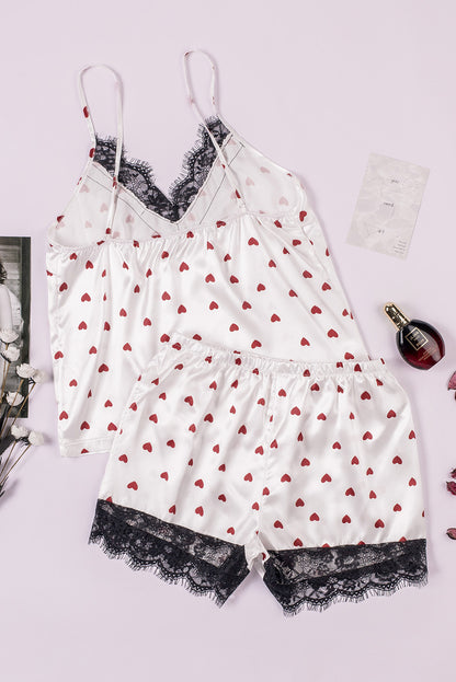 Heart Print Lace Trim Cami and Shorts Pajama Set