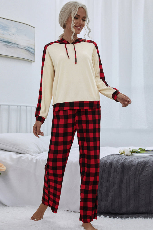 Buffalo Plaid Drawstring Hoodie and Pants Set