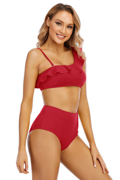 Ruffled Asymmetrical Neck Bikini Set