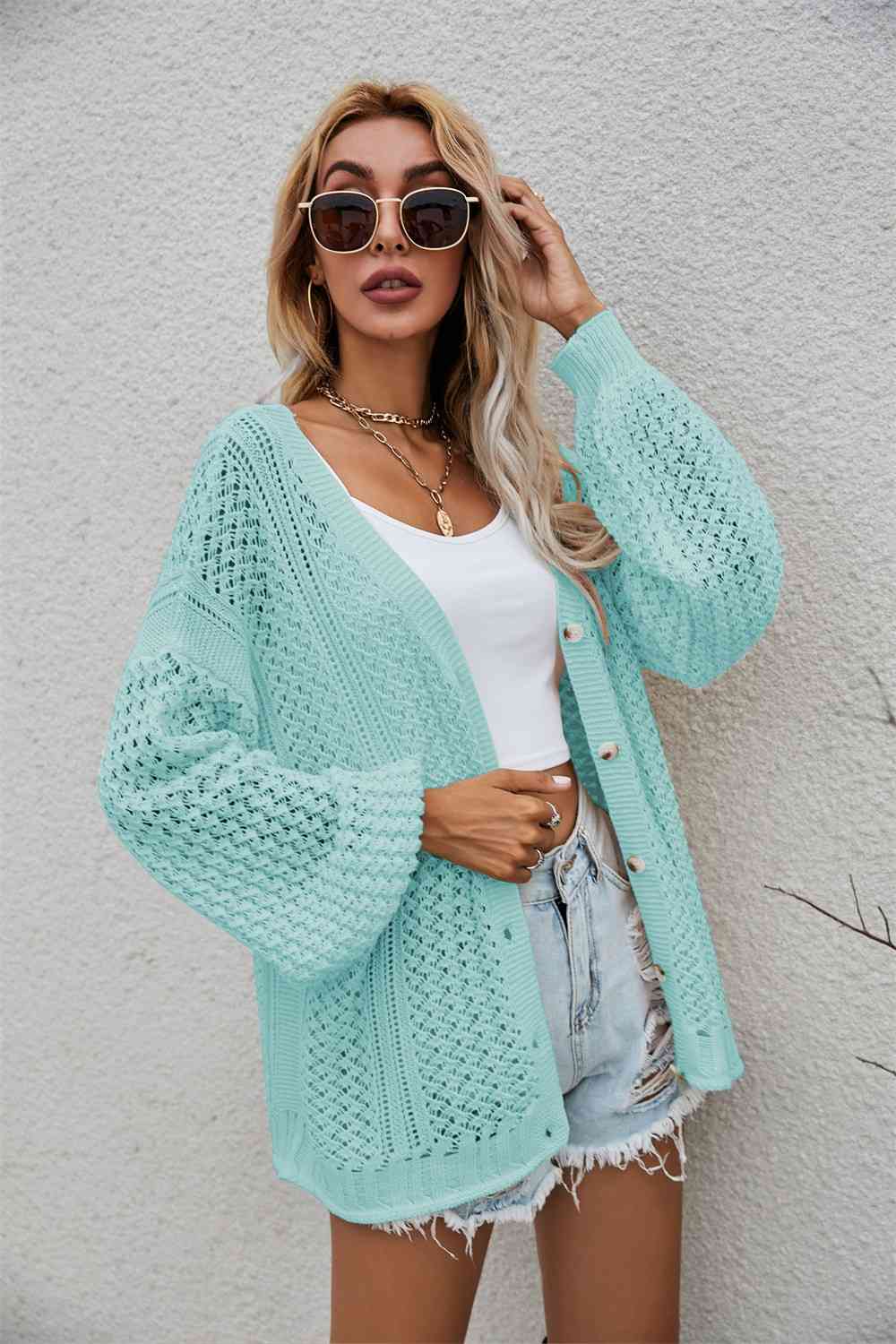 Openwork V-Neck Dropped Shoulder Cardigan