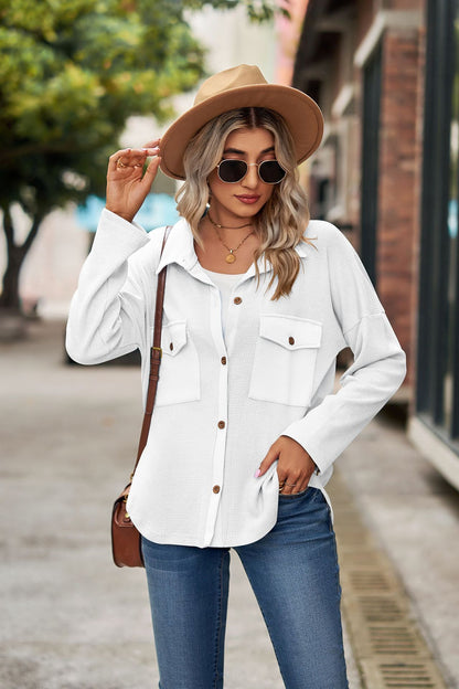 Button Front Curved Hem Shirt with Breast Pockets