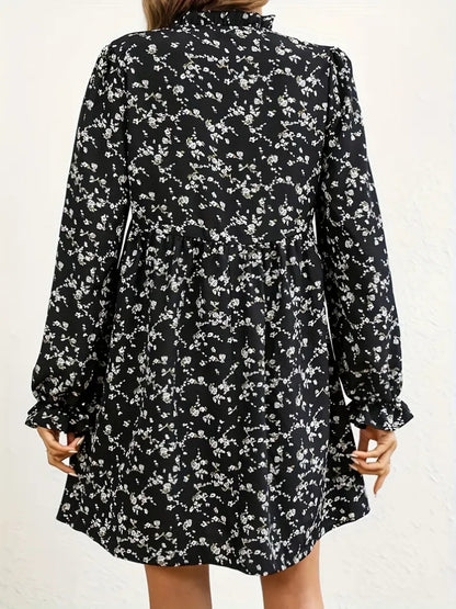 Ditsy Floral Notched Flounce Sleeve Dress