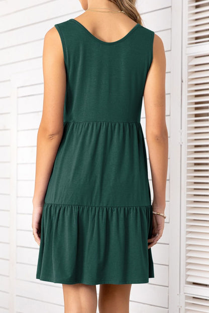 Decorative Button Scoop Neck Sleeveless Tiered Dress