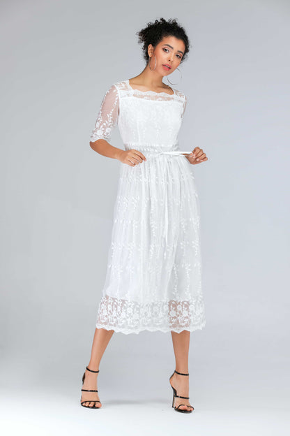 Scalloped Lace Half Sleeve Midi Dress