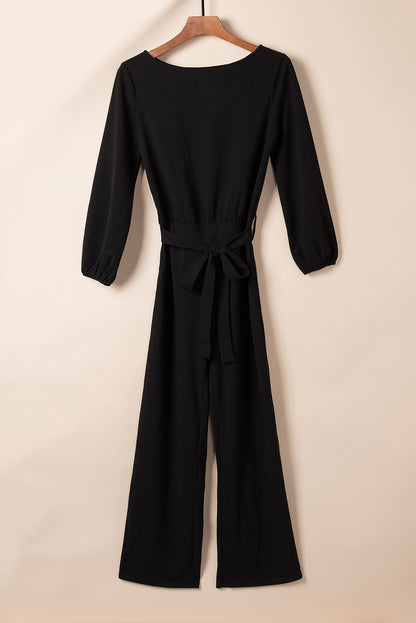 Boat Neck Tie Belt Jumpsuit