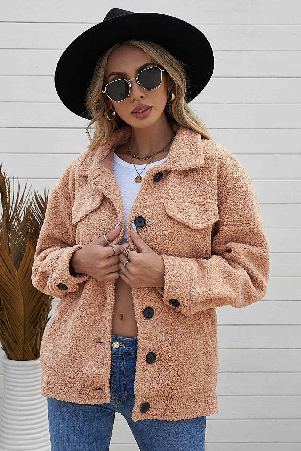 Button Front Drop Shoulder Collared Sherpa Jacket