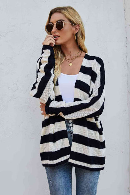 Striped Dolman Sleeve Open Front Cardigan