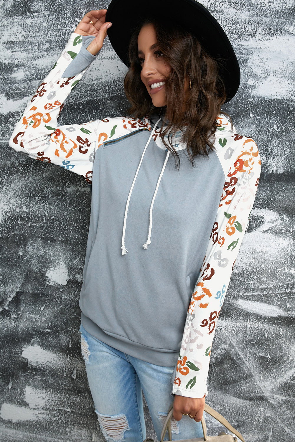 Leopard Print Raglan Sleeve Hoodie