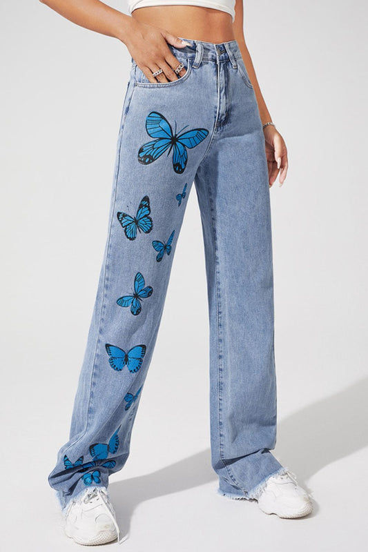 Butterfly Print Raw Hem Straight Leg Jeans