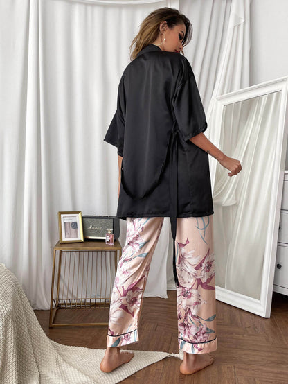 Cami, Robe, and Printed Pants Pajama Set