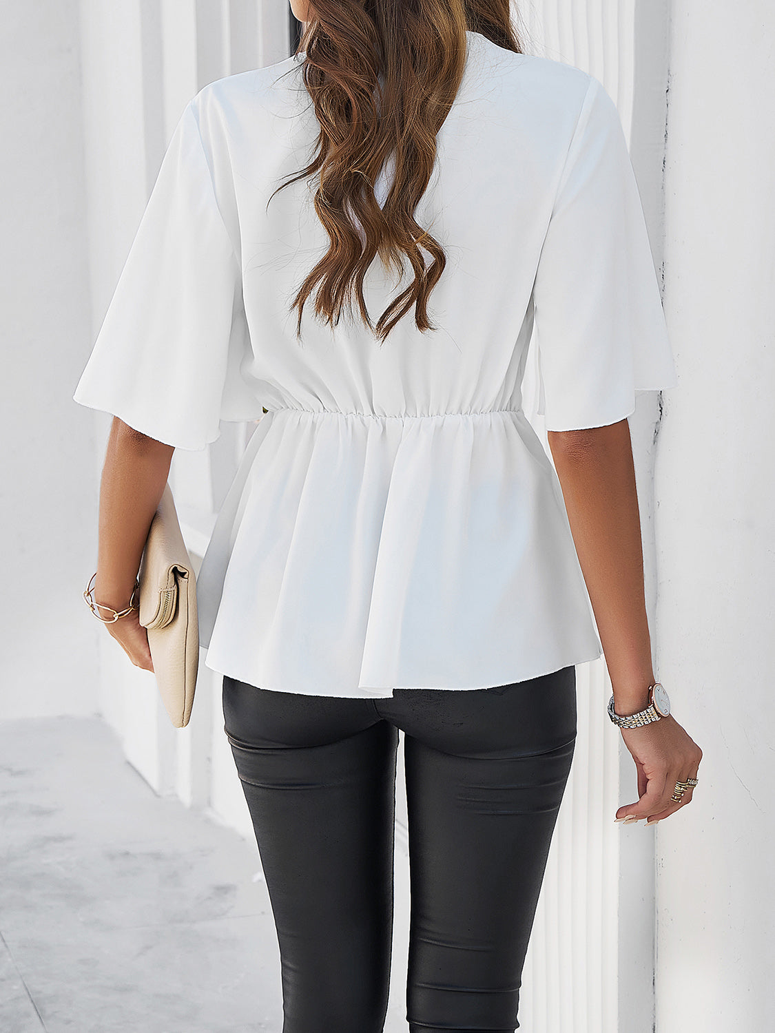 Surplice Tie Waist Half Sleeve Blouse