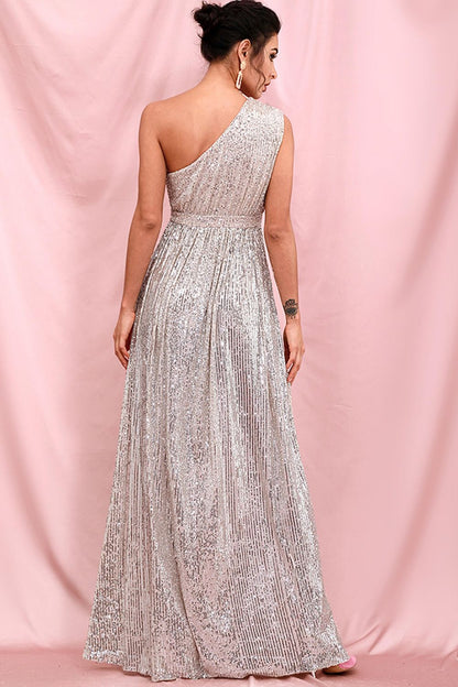 Sequin One-Shoulder Split Dress