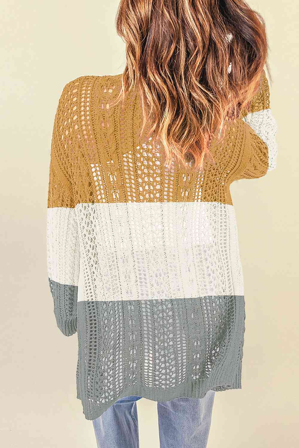 Double Take Openwork Ribbed Cuff Longline Cardigan