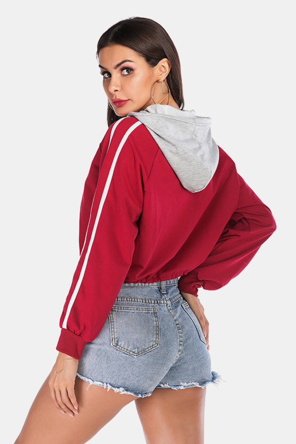 Full Size Side Stripe Drawstring Hem Cropped Hoodie