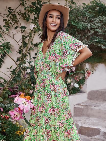 Smocked Floral V-Neck Short Sleeve Dress