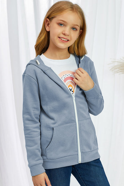 Girls Zip-Up Drawstring Hooded Jacket with Pockets