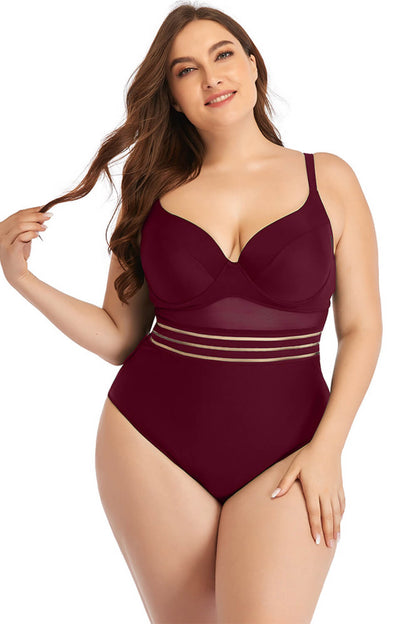 Plus Size Spliced Mesh Tie-Back One-Piece Swimsuit