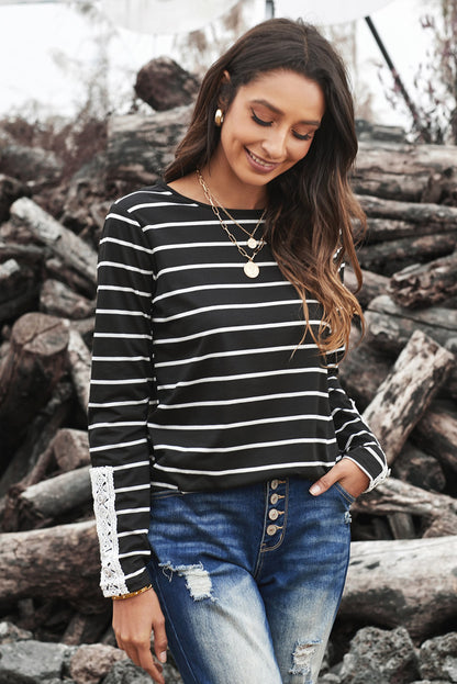 Striped Lace Button Detail Top