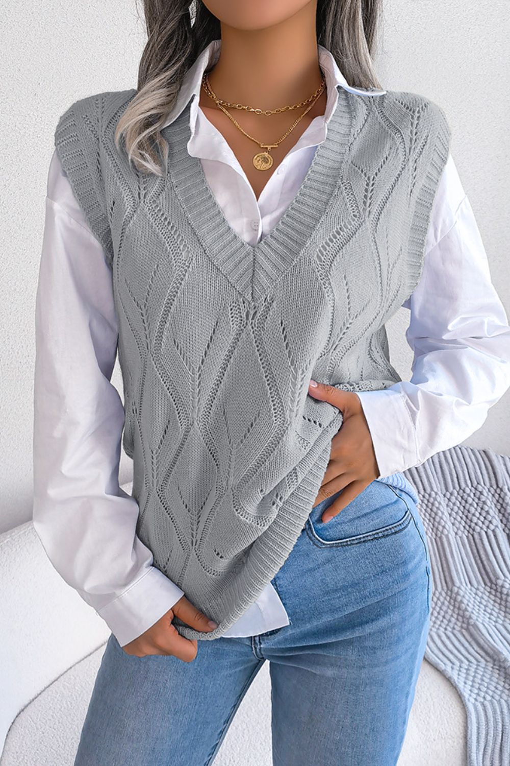 Openwork Ribbed Trim Sweater Vest