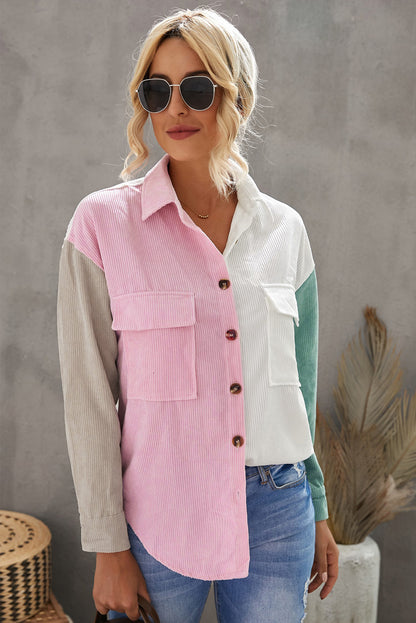 Color Block Button Front Shirt with Pockets