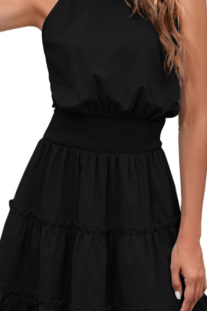 Frill Trim Smocked Waist Grecian Neck Sleeveless Dress