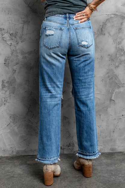 Frayed Hem Distressed Jeans with Pockets