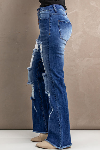 Button Fly Raw Hem Distressed Jeans