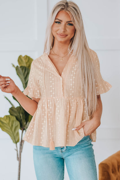 Embroidered Tassel Flounce Sleeve Babydoll Blouse