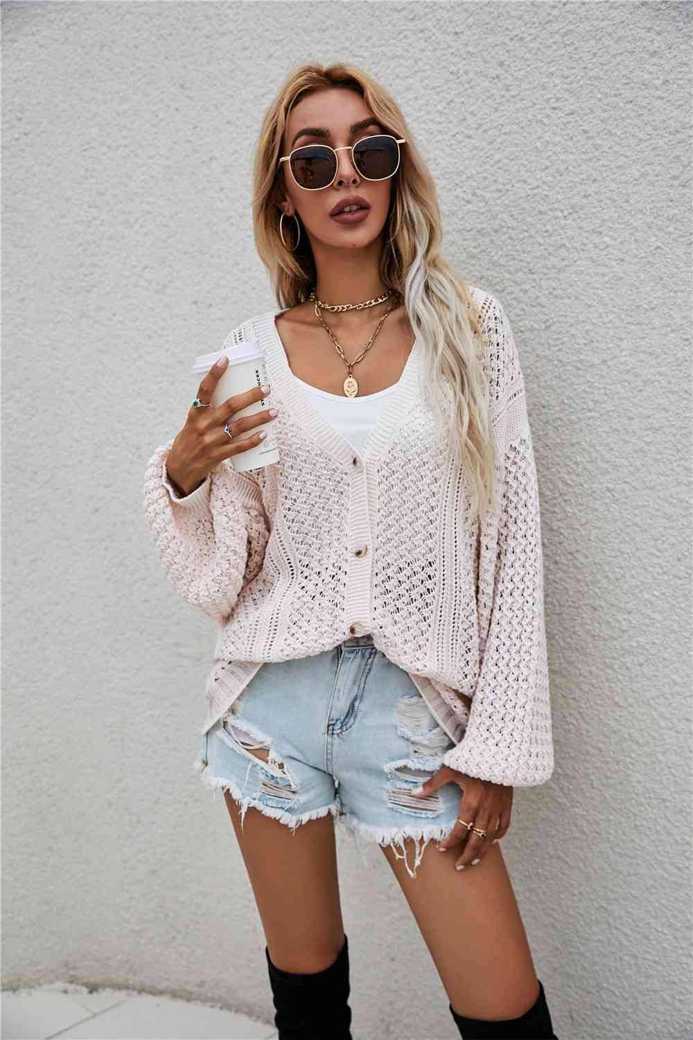 Openwork V-Neck Dropped Shoulder Cardigan