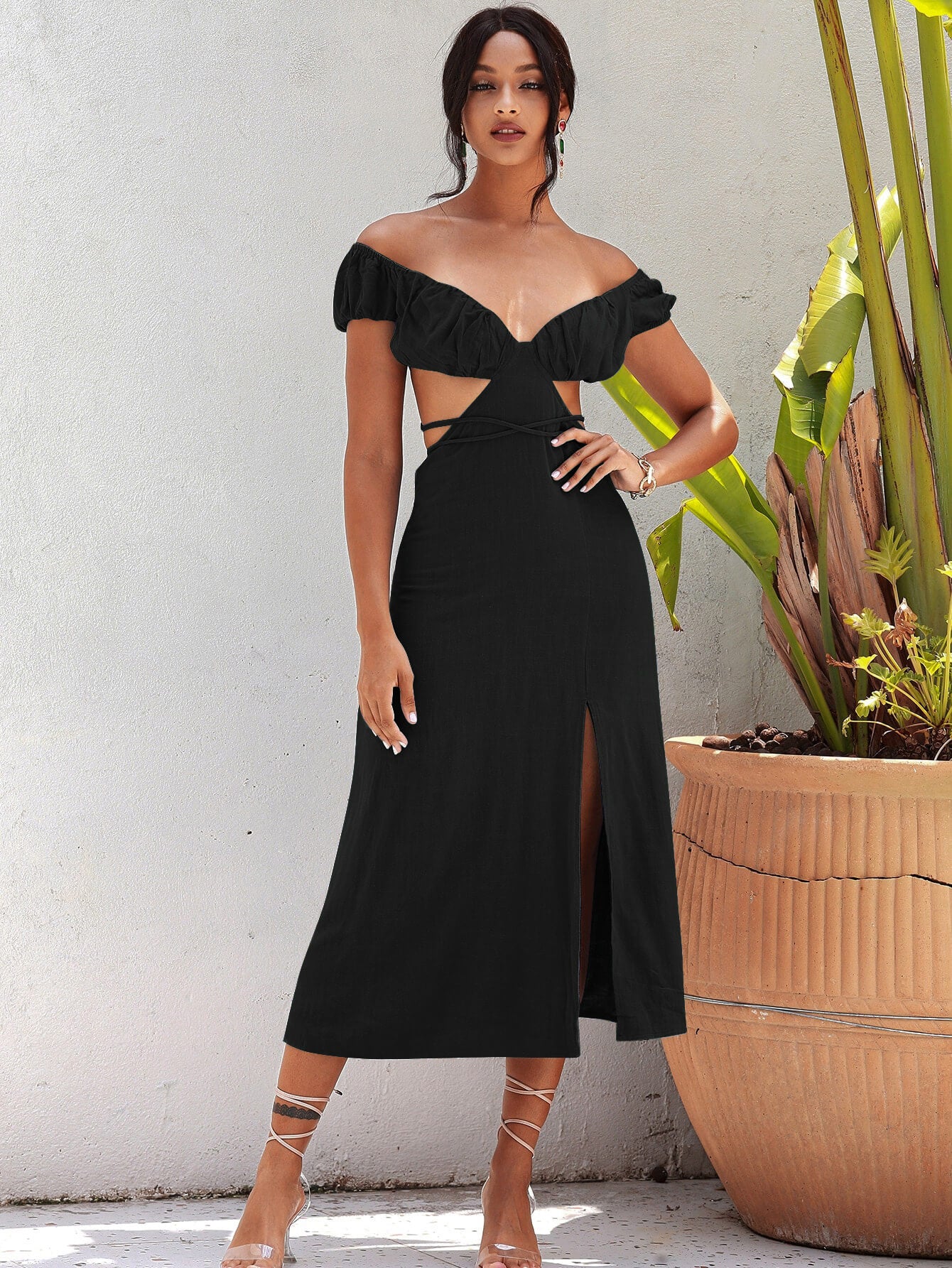 Cutout Deep V Split Midi Dress