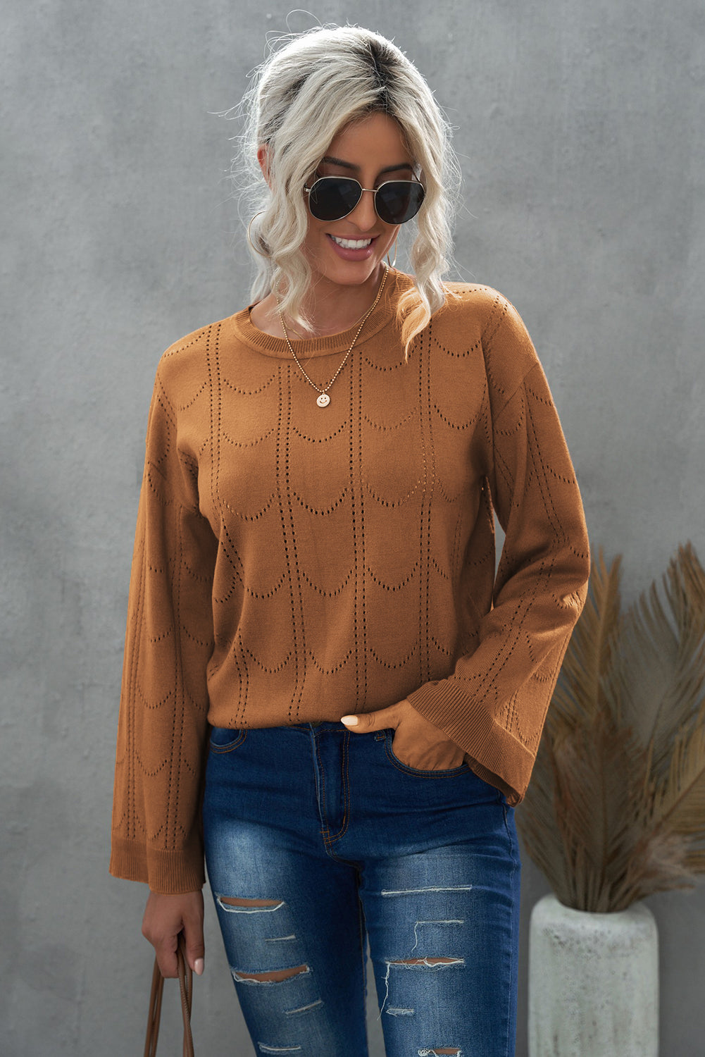 Openwork Flare Sleeve Pullover Sweater