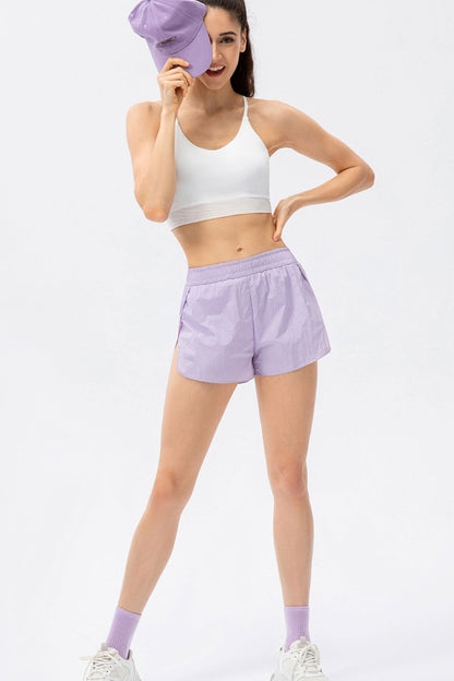 Elastic Waist Slit Faux Layered Sports Shorts