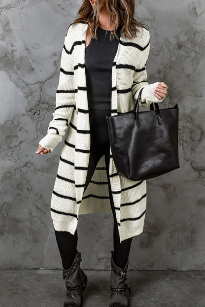 Striped Open Front Rib-Knit Duster Cardigan