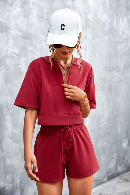 Half Zip Cropped Hooded T-Shirt and Shorts Set