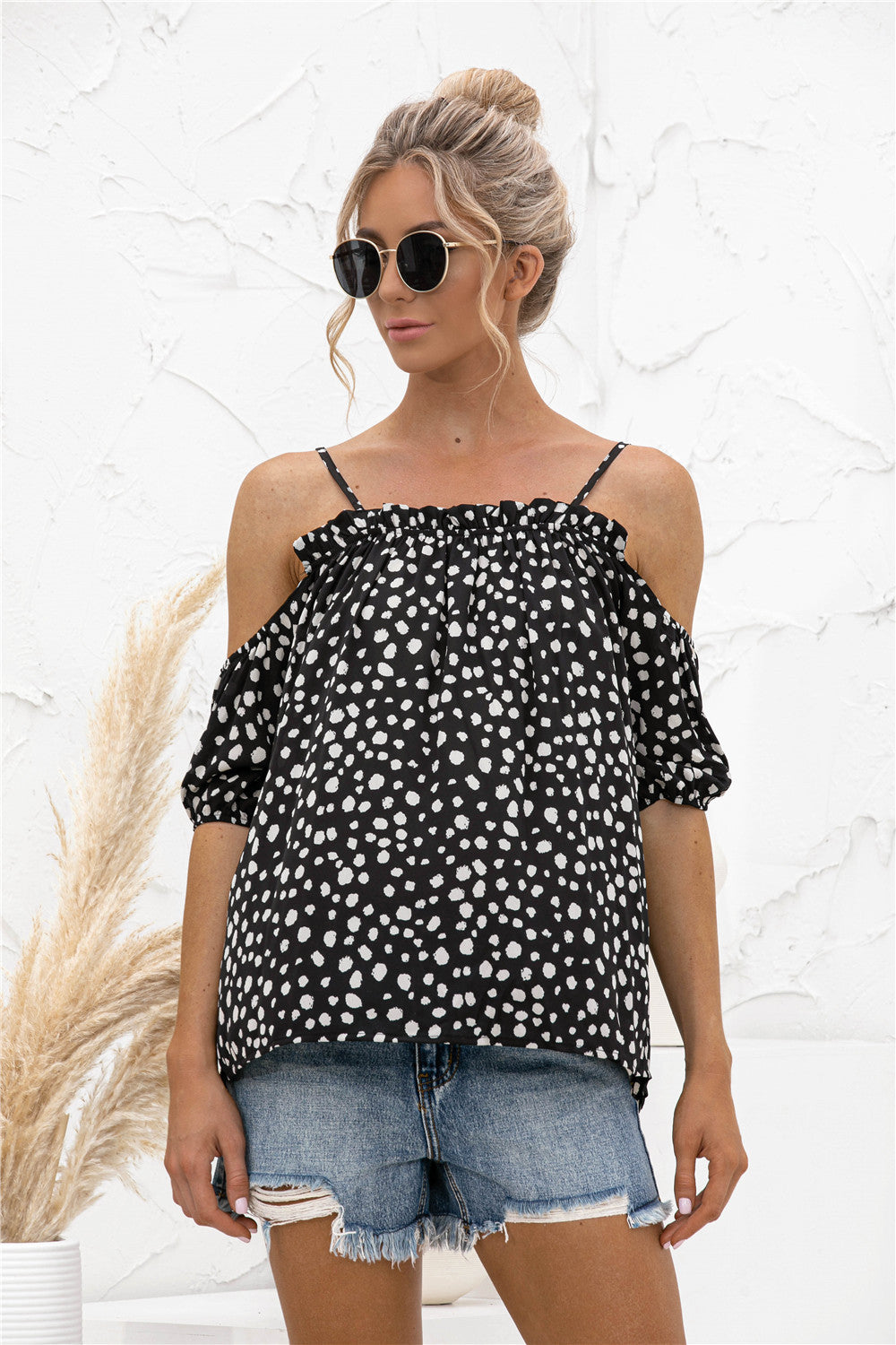 Printed Cold-Shoulder Frill Trim Blouse