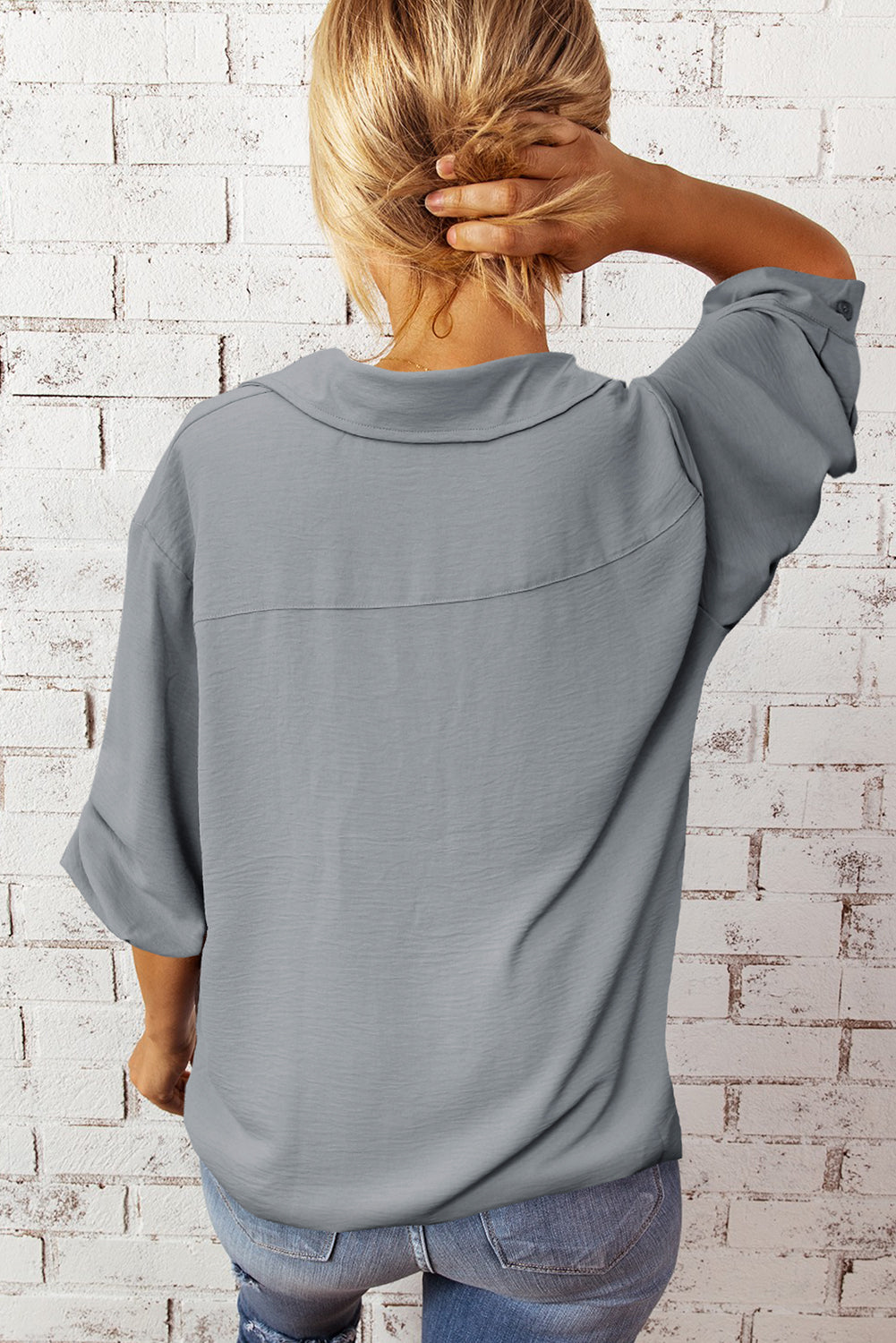 Textured Johnny Collar Three-Quarter Sleeve Blouse