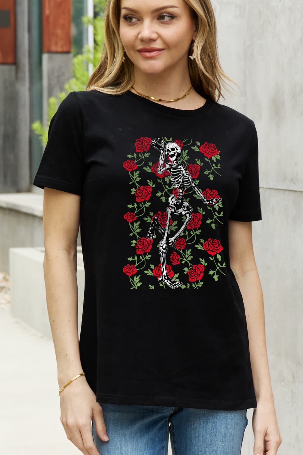 Simply Love Full Size Skeleton & Rose Graphic Cotton Tee