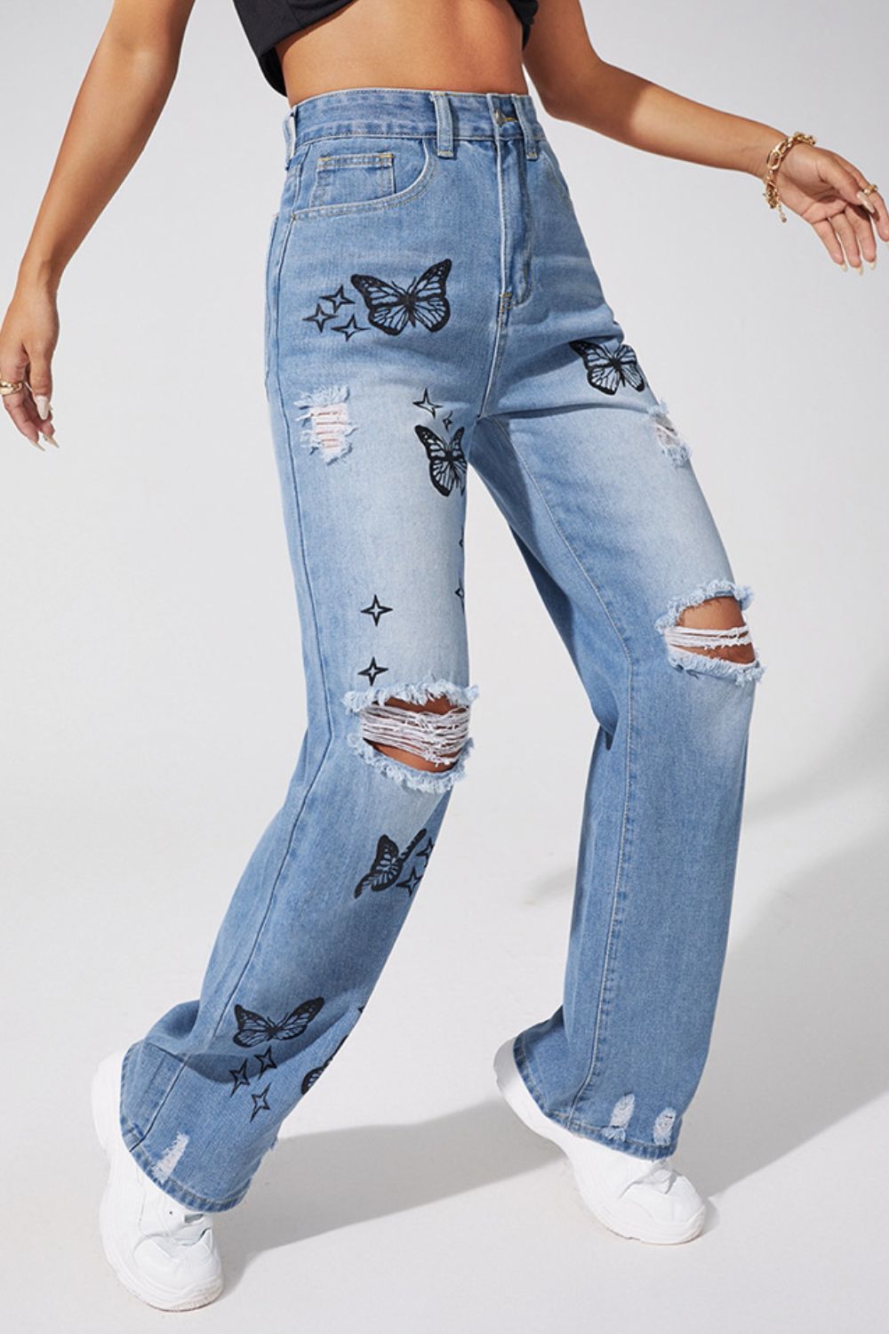 Butterfly Distressed Straight Leg Jeans