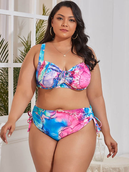 Plus Size Printed Drawstring Detail Bikini Set