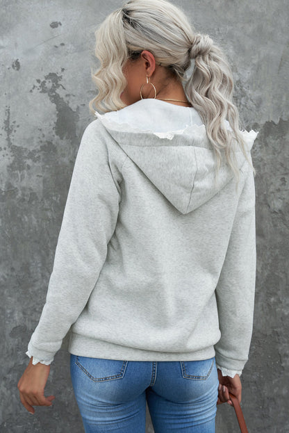 Lace Trim Zip-Up Hooded Jacket