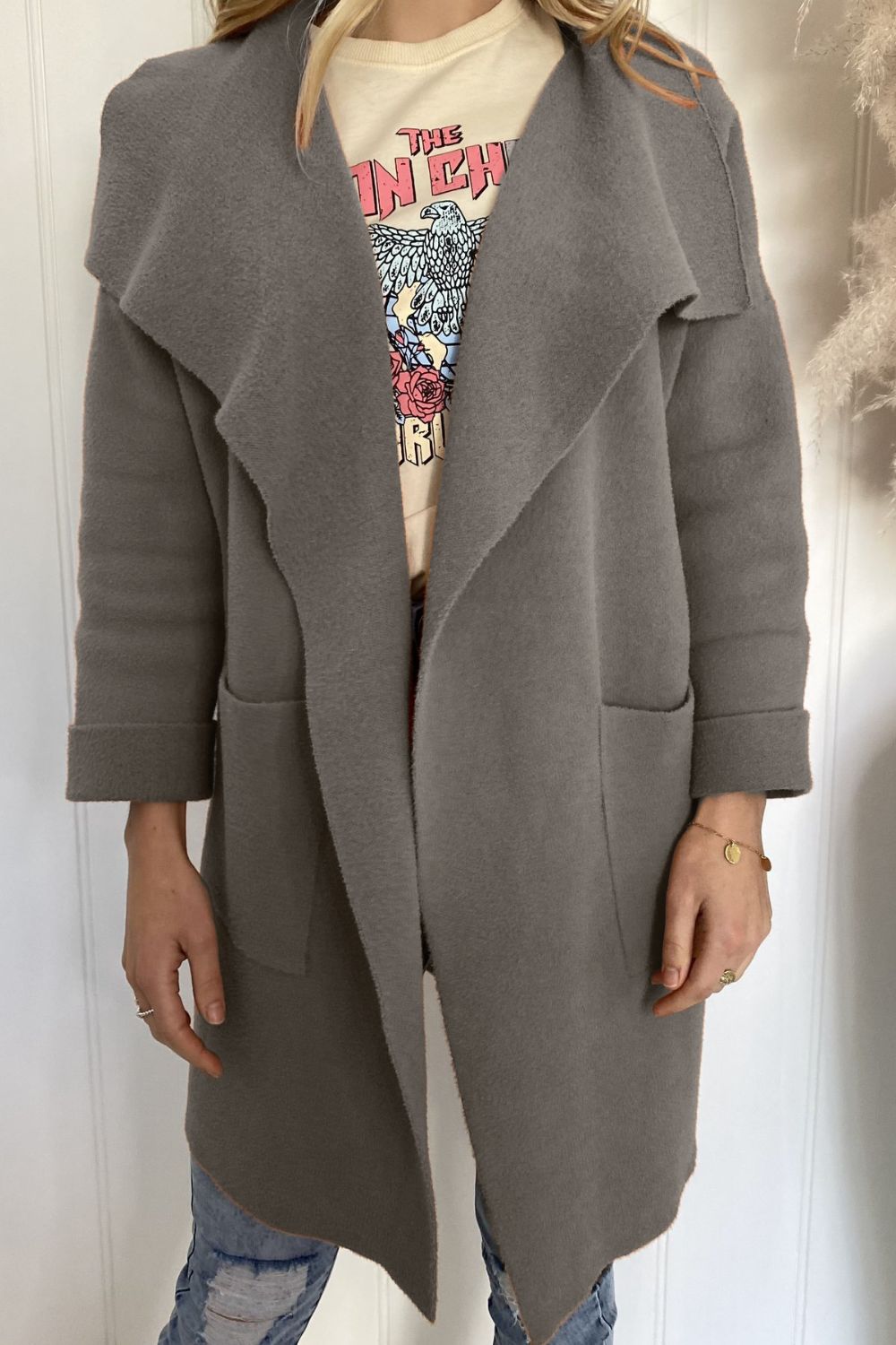 Waterfall Collar Brushed Longline Coat with Pockets