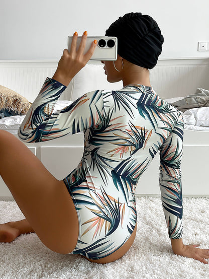 Botanical Print Long Sleeve Three-Piece Swim Set