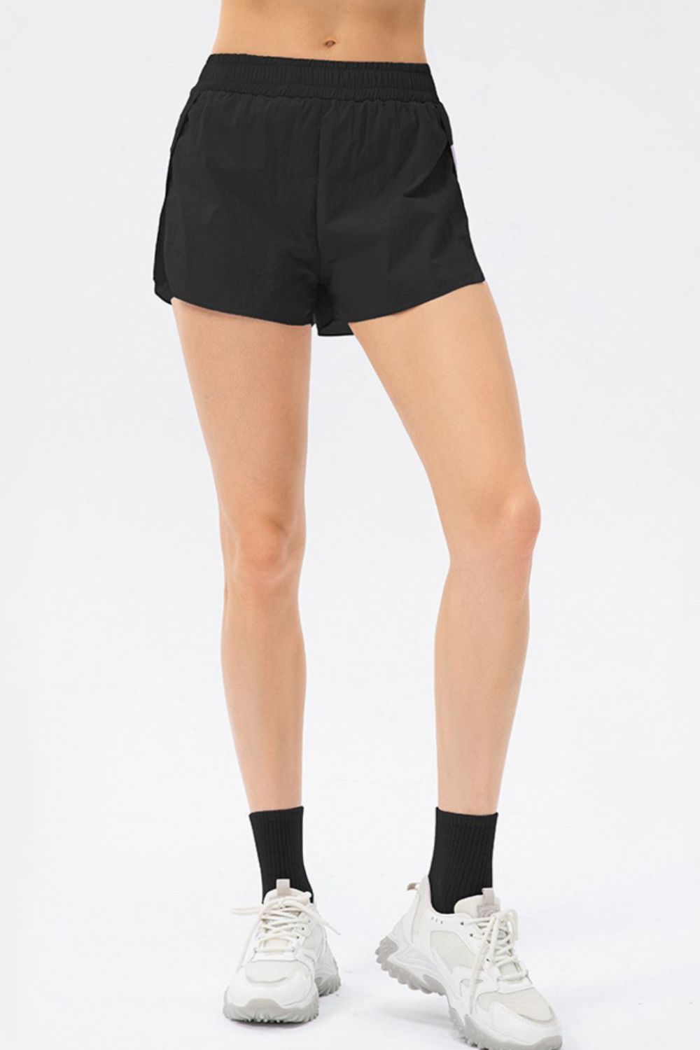 Elastic Waist Slit Faux Layered Sports Shorts