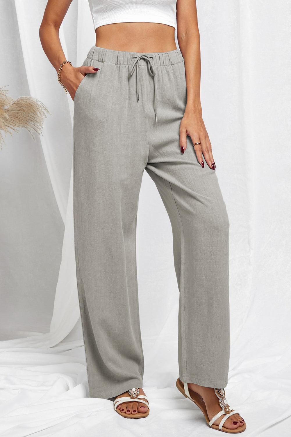 Drawstring Elastic Waist Pants with Pockets