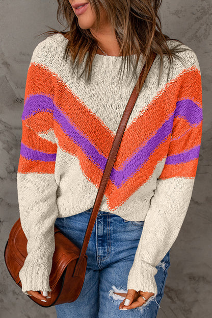 Contrast Round Neck Dropped Shoulder Sweater