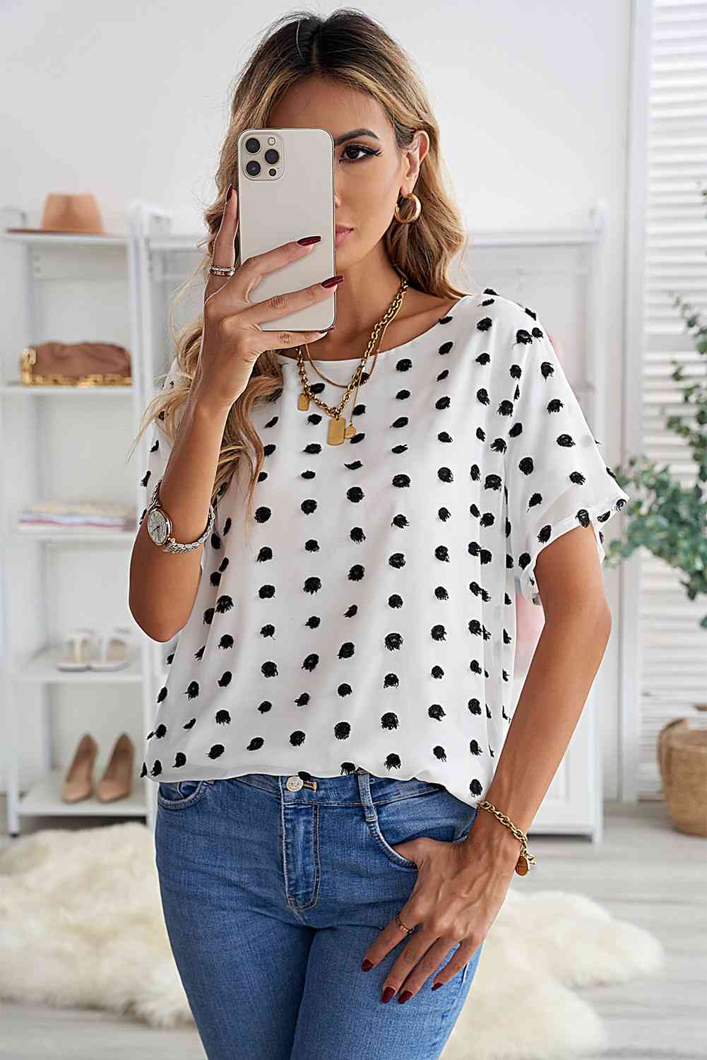 Swiss Dot Round Neck Blouse